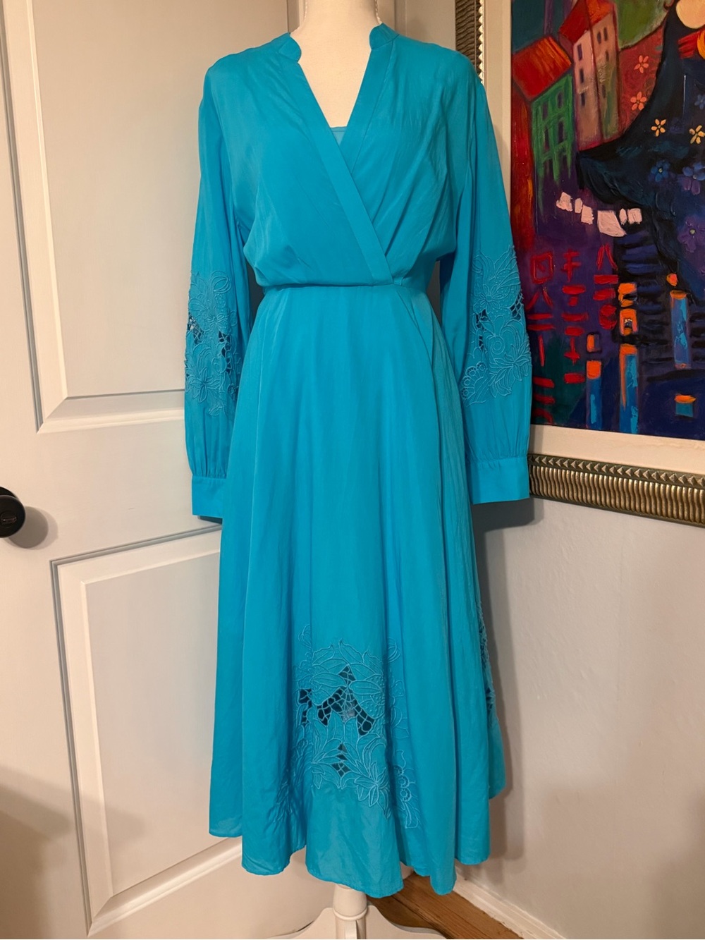 NWT Jade by Johnny Was Turquoise Long Sleeve Wrap-Front Midi Dress - Picture 2 of 13